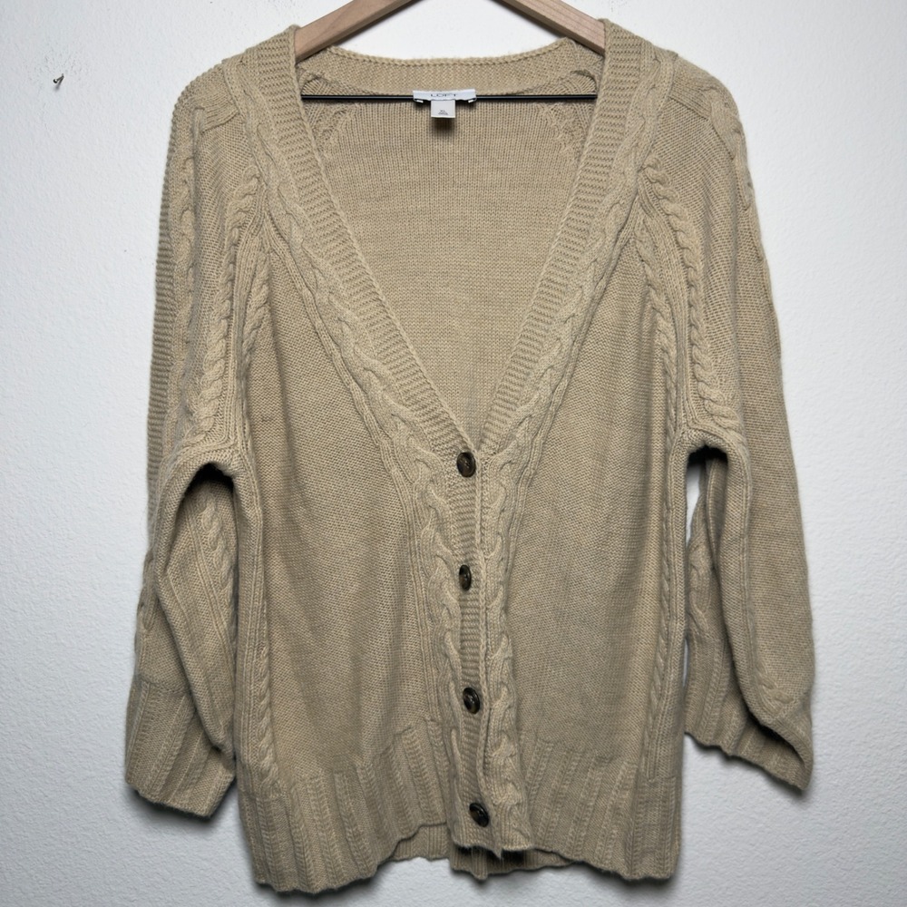 LOFT Women Wool Alpaca Cardigan Sweater XL Tan Cable Knit Cabincore Fisherman